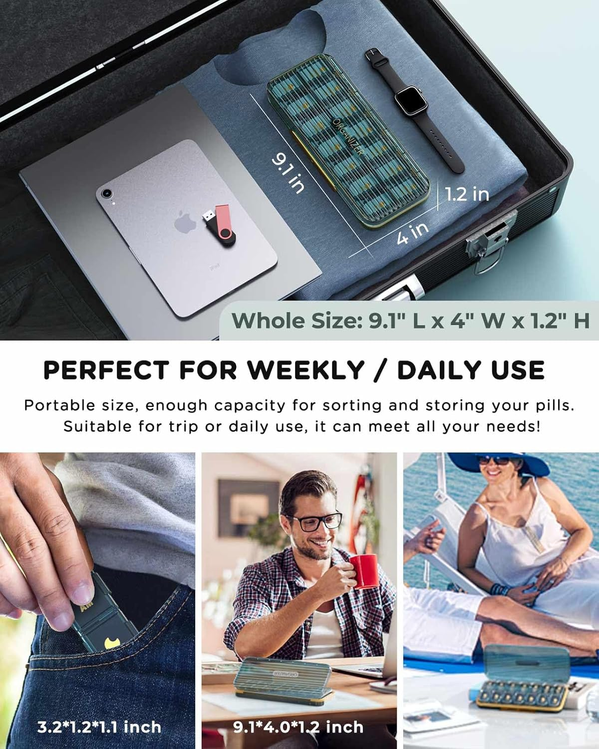 Acedada AM/PM Pill Organizer 7 Day, Pill Box 2 Times a Day - Weekly Pill Organizer Twice a Day with Large Compartment, Portable Daily Medicine Container Case for Vitamin, Fish Oils, Supplements, Blue - Clear,Green image number 3