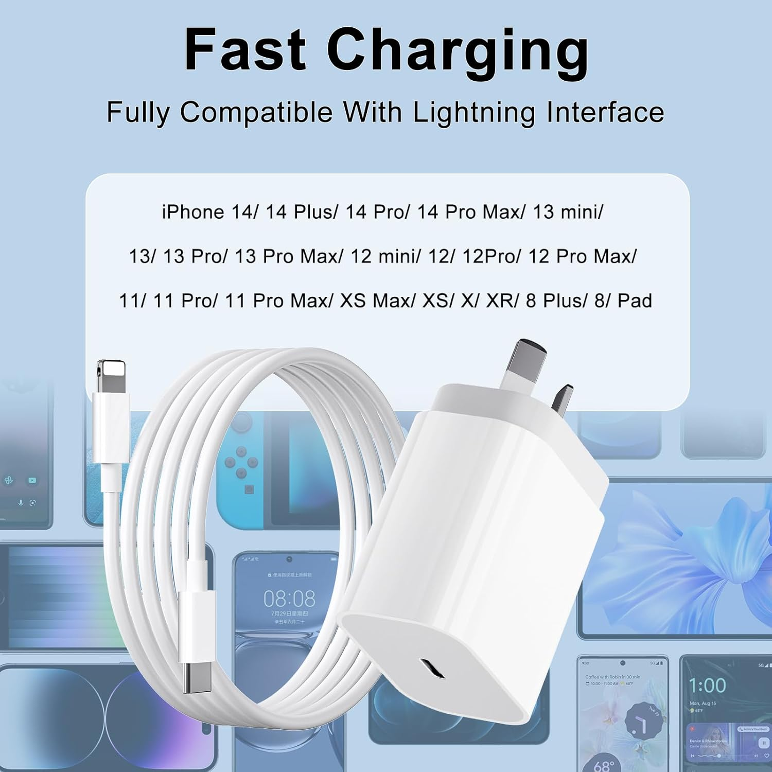 Iphone Charger, 20W USB C Charger with USB C to Lightning Cable, Phone Charger with I Phone Charger Cable, Portable Adapter for Iphone 14/13/ 12/11/ X/ 9/8, Ipad, Airpods, Apple Watch image number 3