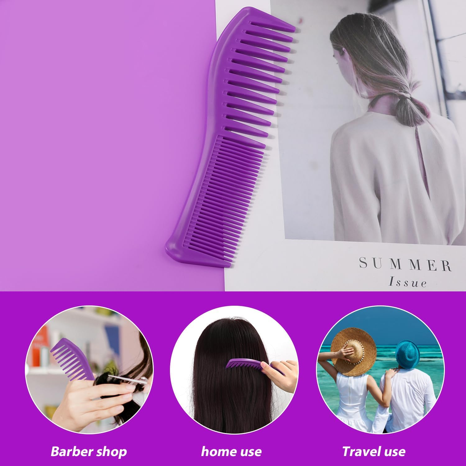 2Pcs Hair Combs, Plastic Hairstyle Comb Large Tooth&Fine Tooth Comb Barber Comb for Men Women Combing Hairstyling Trimming Cutting Barber (Purple) image number 3