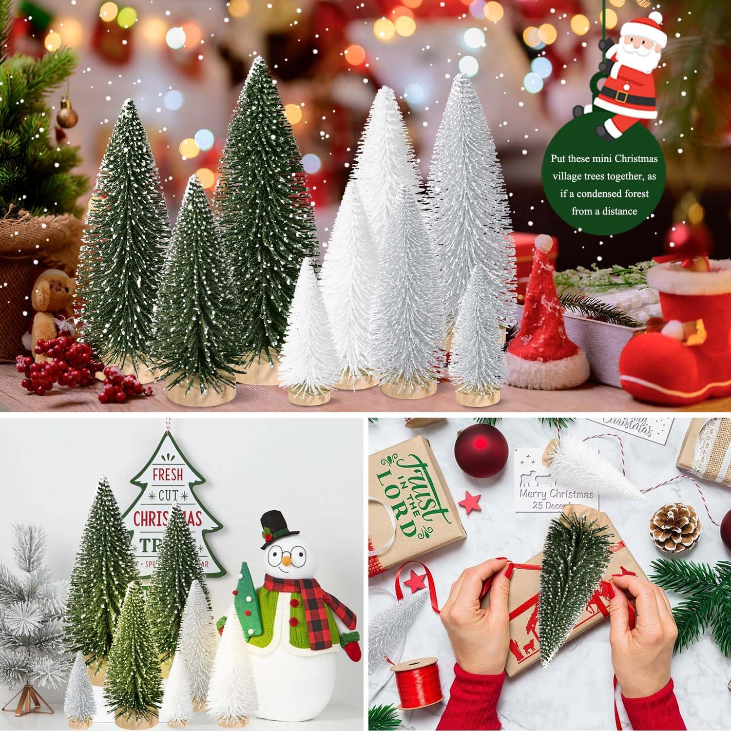 9Pcs Mini Christmas Tree Desktop, Artificial Christmas Pine Tree, Mini Bottle Brush Trees Tabletop, Small Sisal Trees with Wooden Bases, Xmas Holiday Decor (Green-Silver-White)