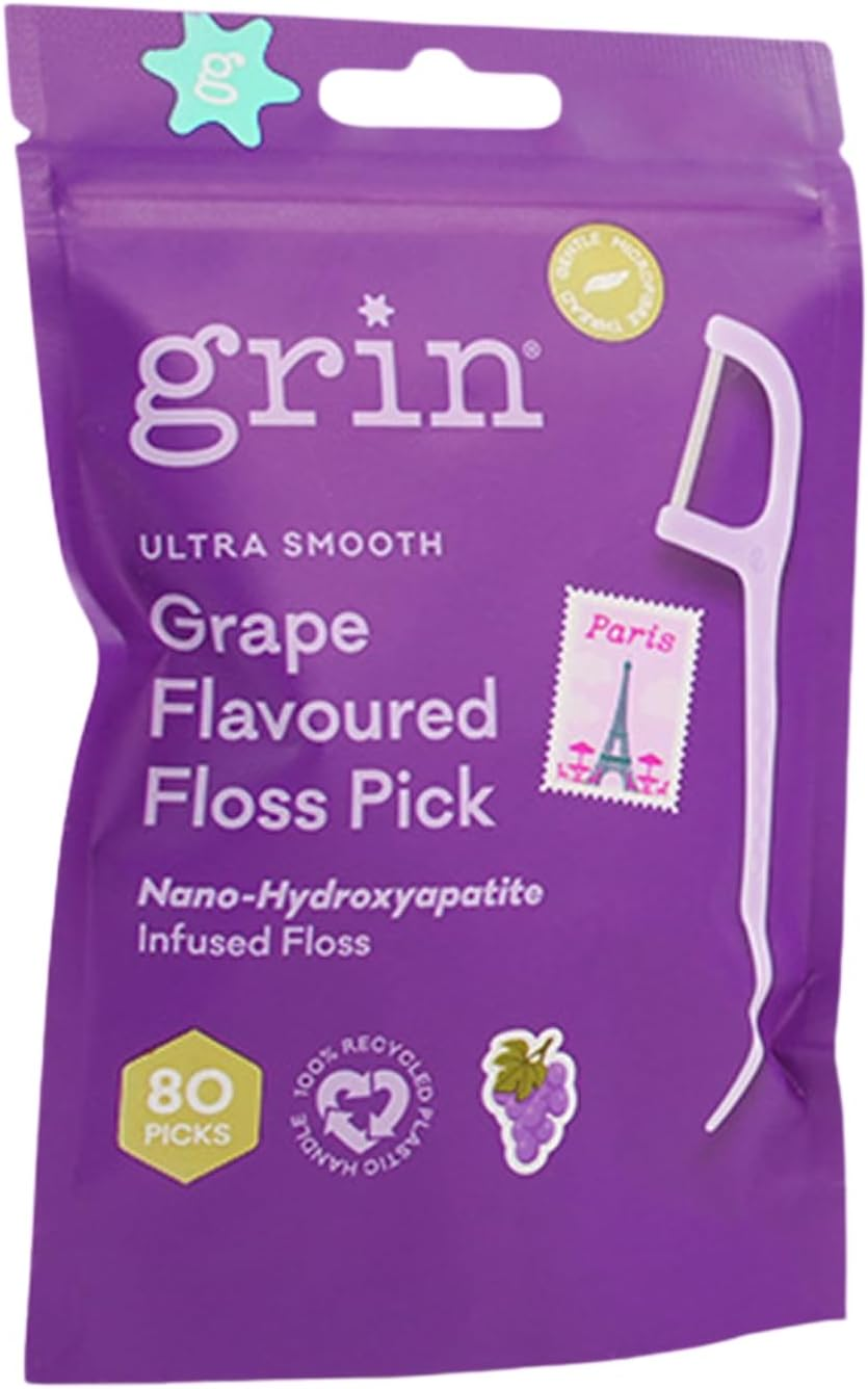 Grin Ultra Smooth Grape Flavoured Floss Picks, 80 Pack, Recycled Plastic Handle, Premium UHMW PE Floss, Nano-Hydroxyapatite Infused image number 4