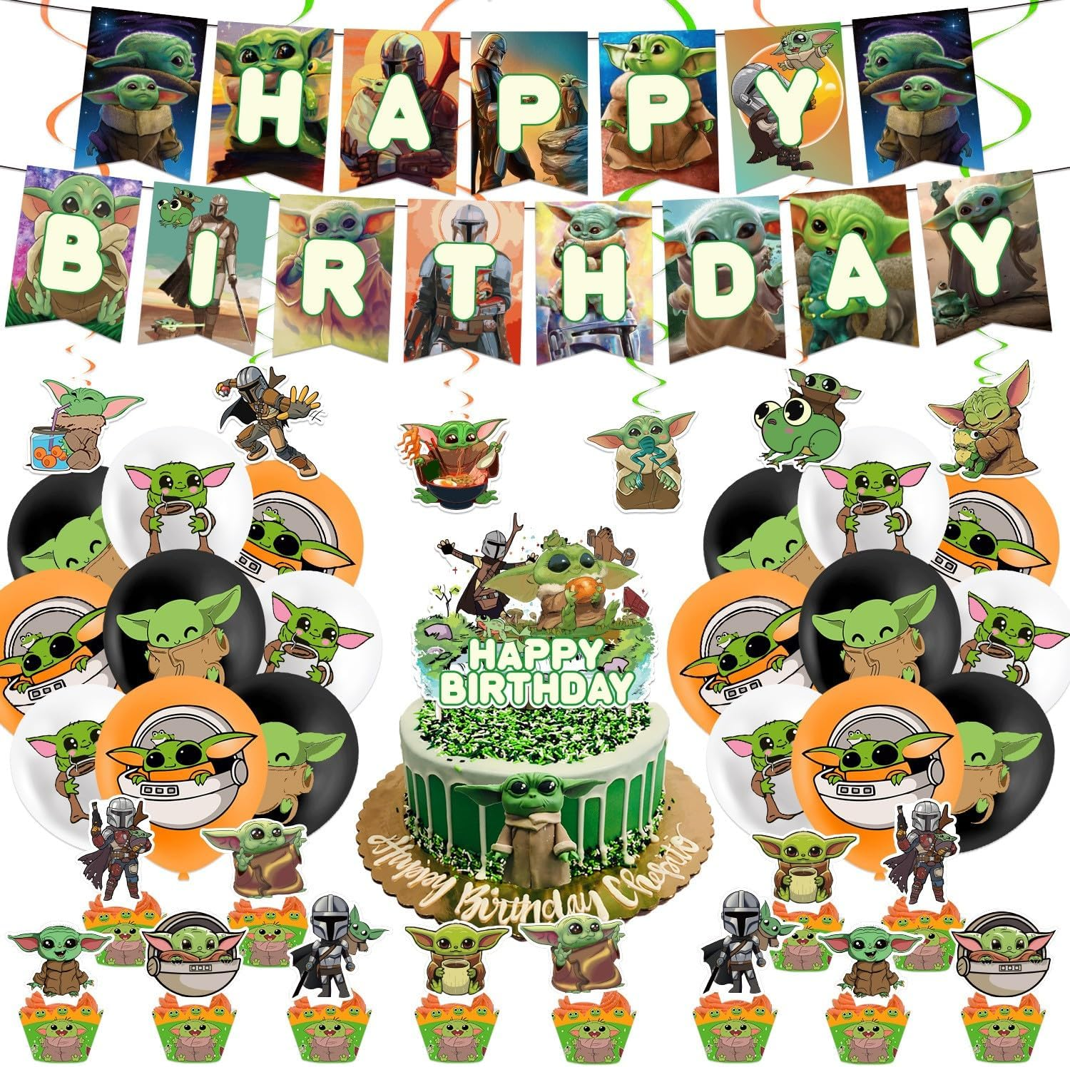 YUANHUISHENG Baby Yoda Birthday Party Decorations - 1 Banner, 18 Balloons, 1 Big Cake Topper, 12 Cake Toppers, 6 Hanging Swirls image number 2