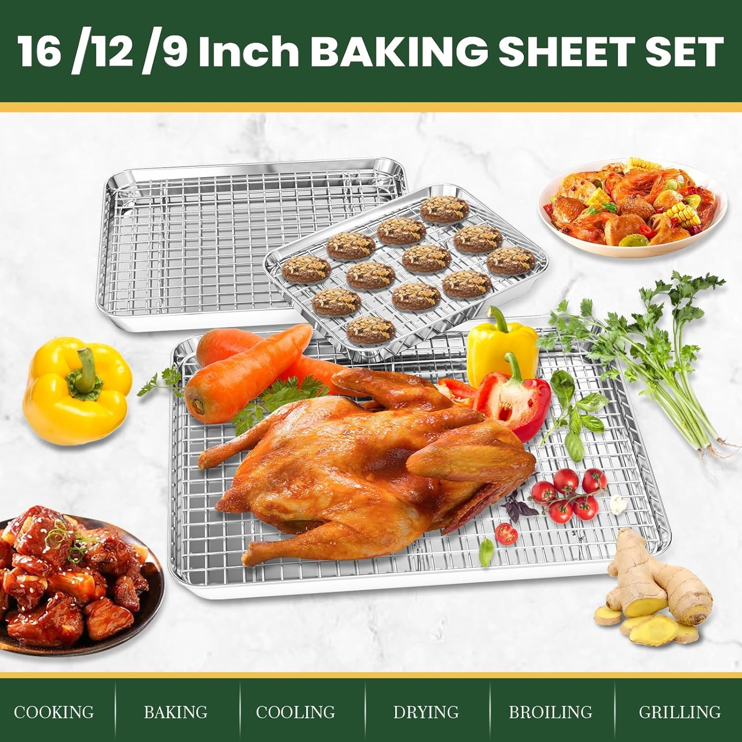 Baking Sheet with Wire Rack Set: 3PCS Stainless Steel Cookie Pans 9 12 16 Inch with 3PCS Cooling Racks - Nonstick Cooking Tray for Oven Heavy Duty and Dishwasher Safe image number 4