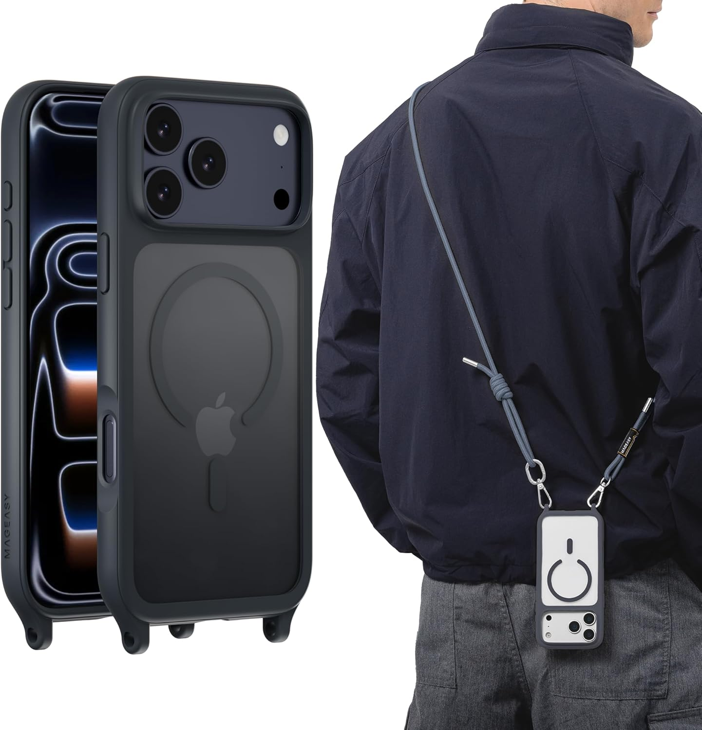 MAGEASY Designed for Iphone 17 with Neck Strap, 16Ft Drop Protection Compatible with Magsafe | Roam M (Clear)