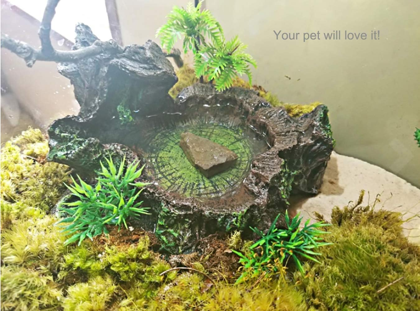 PINVNBY Resin Reptile Platform Artificial Tree Trunk Reptile Tank Decor Food Water Dish Bowl for Bearded Dragon,Lizard, Gecko, Water Frog,Snake image number 6