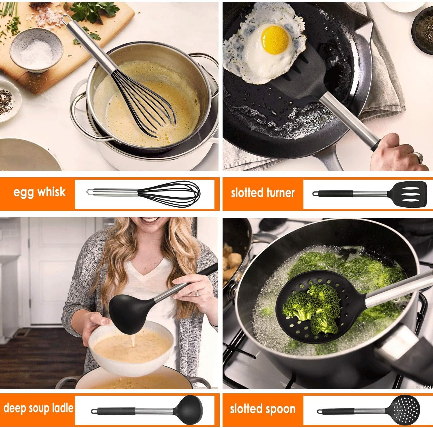 Kitchen Utensils Set, 15 Pcs Silicone Cooking Utensils Set, Non Stick and Heat Resistant Cookware, Cooking Tools with Holder(Black) image number 4