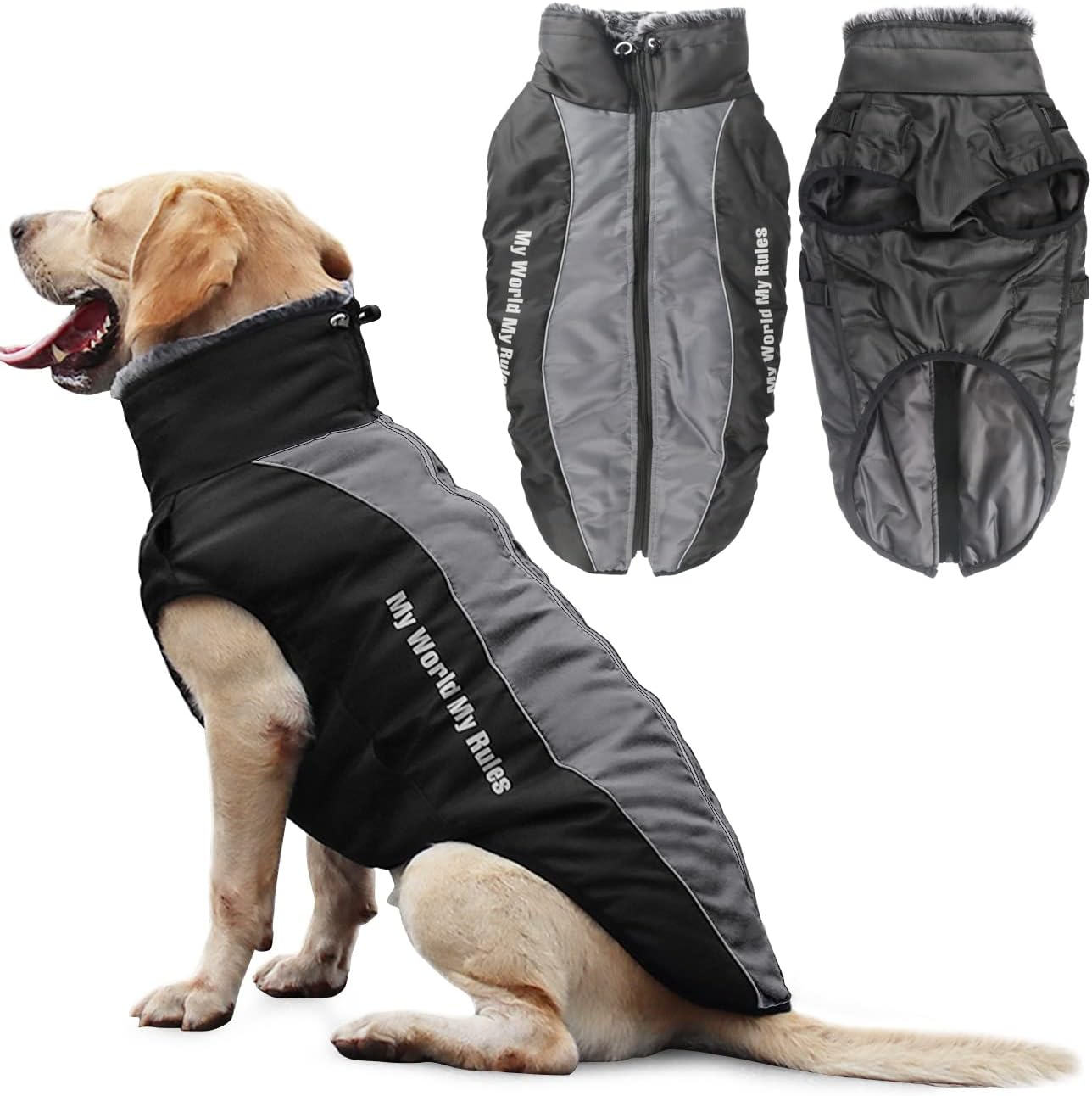 Idepet Dog Coat Warm Jacket, Reflective Pet Snowsuit Outdoor Sport Waterproof Dog Clothes Outfit Vest for Medium Large Dogs with Harness Hole