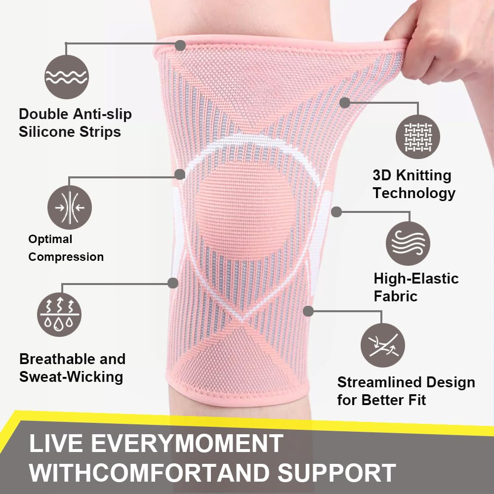 2 Pack Knee Support Brace for Women/Men Compression Knee Sleeves for Arthritis Pain,Meniscus Tear, Running,Working Out,Acl,Mcl,Pain Relief,Sports Pink,X-Large image number 2
