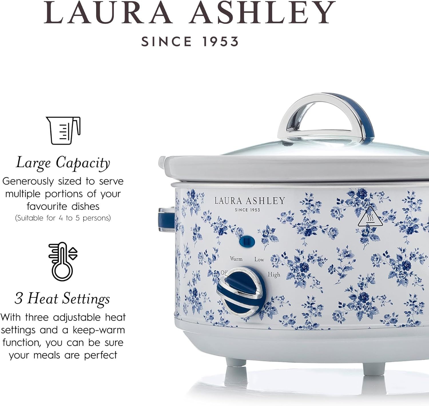 Laura Ashley China Rose Slow Cooker 3.5 Litres. Large Electric Slow Cooker for 4 to 5 People. Slow Cookers Stainless Steel with 3 Heat Settings. Detachable Ceramic Pot with Tempered Glass Lid image number 1