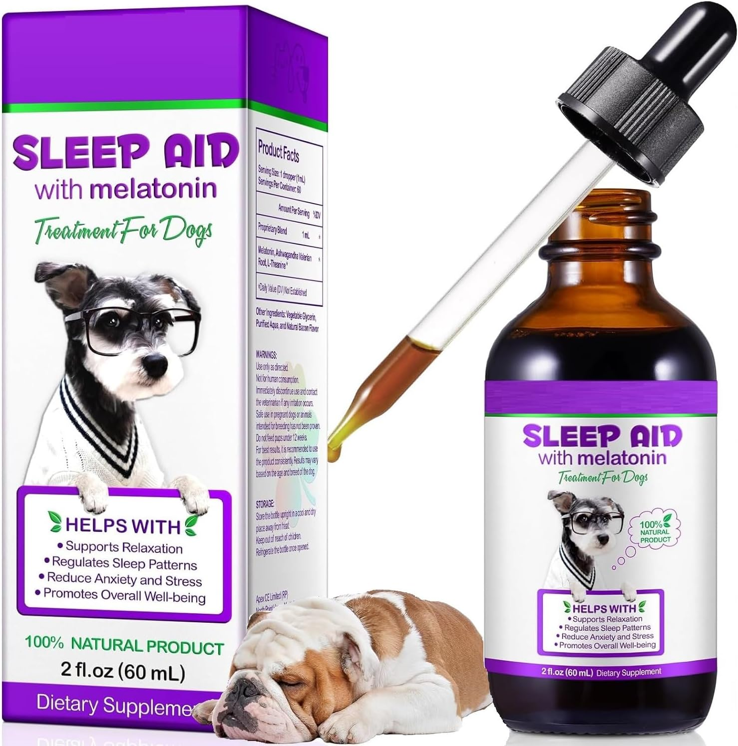 Melatonin for Dogs & Cats, Promote Relaxation & Deep Sleep, Relief Anxiety & Stress, Helps with Separation Anxiety & Travel Stress, Sleep Aid for Small to Large Dog Breeds, (60 Ml) image number 1