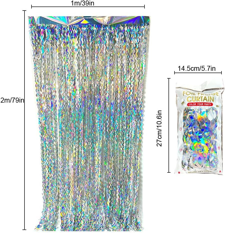 Foil Fringe Curtain, Pack of 2 Tinsel Backdrop, Birthday Party Decorations, Streamer Backdrop Foil Curtains, Graduation Decorations (Wavy Holographic-Silver)