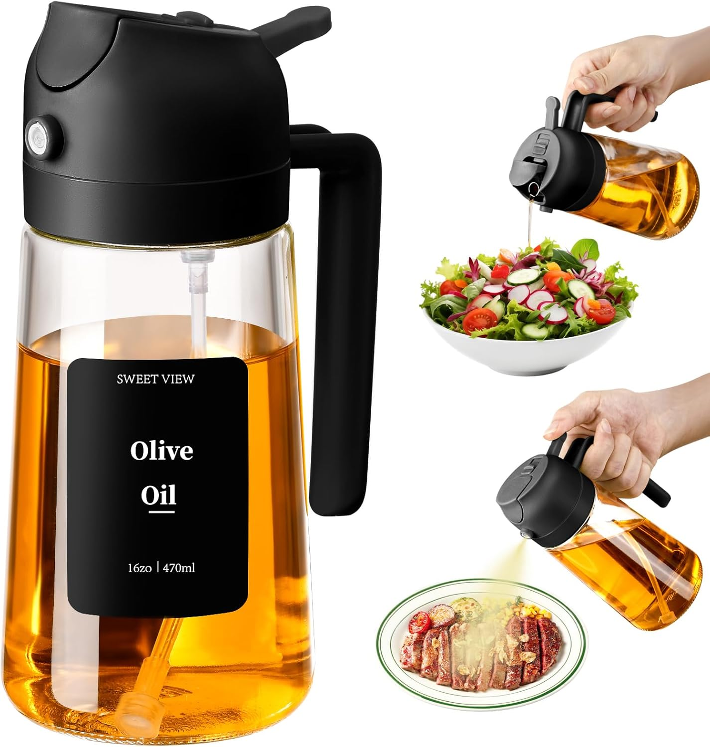 SWEET VIEW Olive Oil Spray Bottle, 470Ml 2 in 1 Glass Oil Dispenser/Pour & Sprayr Bottle, Kitchen Accessories, Kitchen Gadgets for Air Fryer, Salad, Bbq(Black)