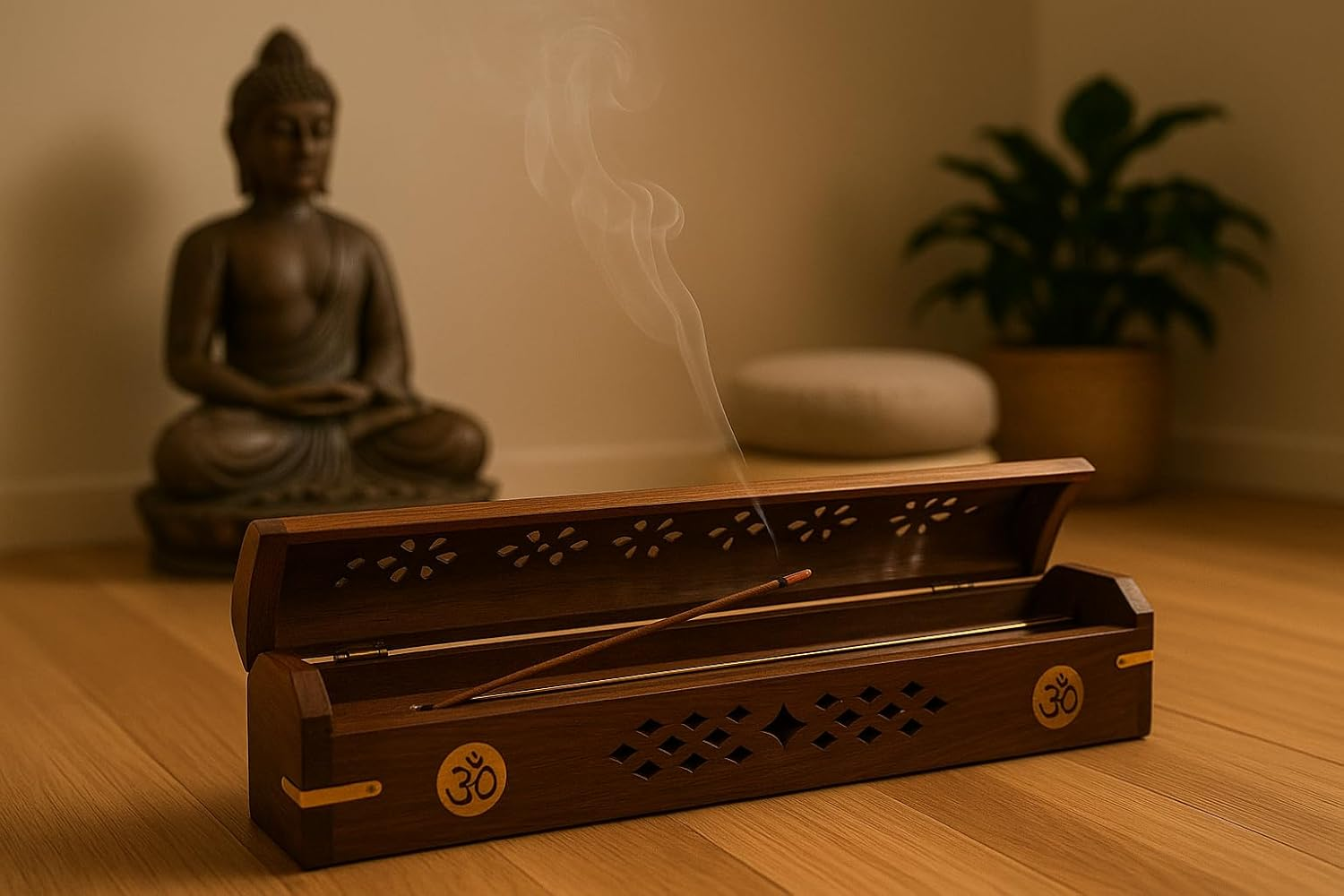 Wooden Box, Agarbatti Holder Wooden Hand Carved Incense Burner, Incense Holder, Brass Inlays & Storage Incense Holder Stand, Incense Stick Stand Handmade (12X2.5X3 Inch) Om