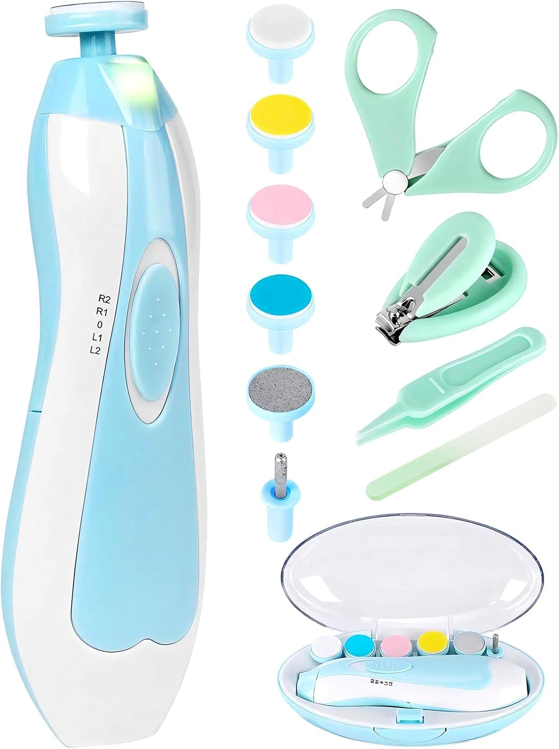 Electric Nail File Drill for Baby No Sharp Claws Hurt, 6 in 1 Safety Cutter Trimmer Clipper for Toes and Fingers (Blue) (Blue +)