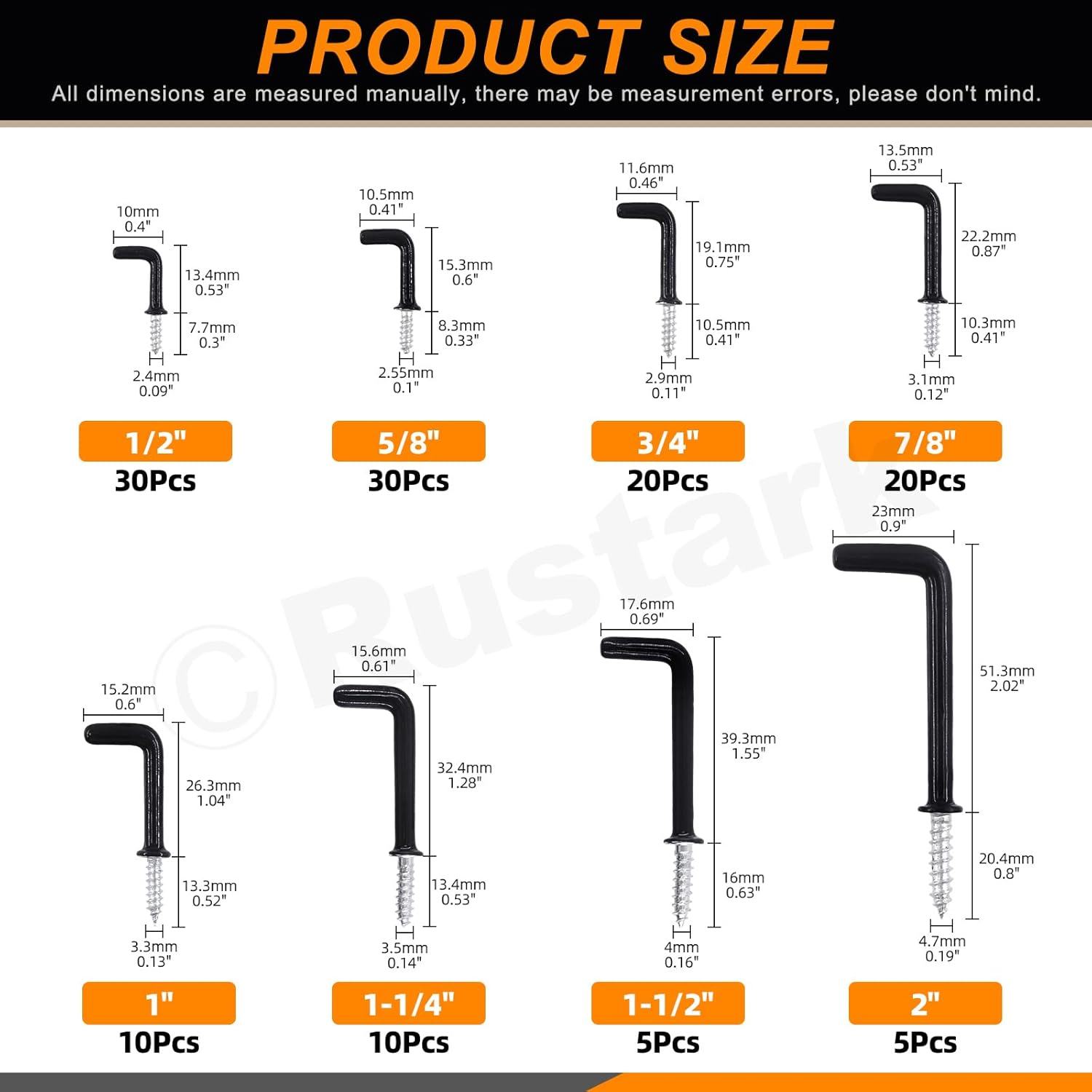 Rustark 130Pcs 8 Sizes Black L Shape Hooks Assortment Kit Vinyl Coated 7 Shape Screw Hooks Cup Right Angle L Type Self Tapping Screw Hooks for Home Office Workplace Hanging - Black image number 6