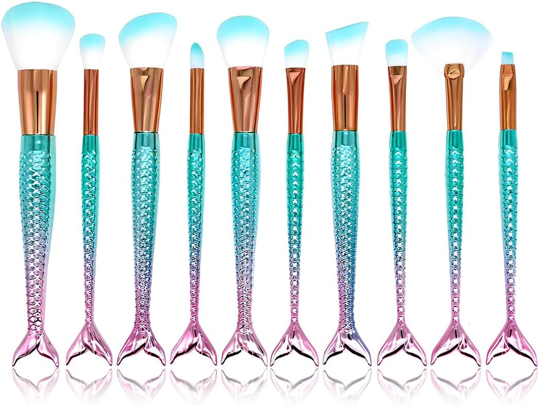 10Pcs Mermaid Makeup Brush Set Women Cosmetic Brush Set Eyebrow Powder Foundation Eyeliner image number 2