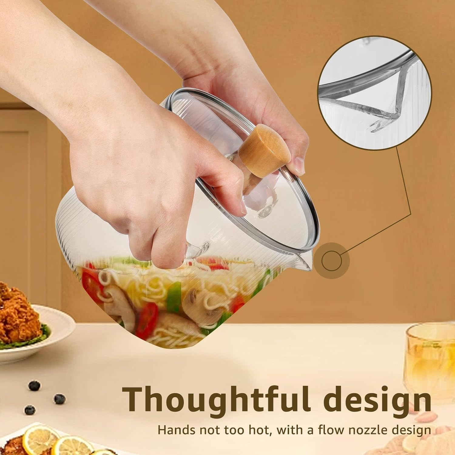 BETIMFAN Glass Cooking Pot Transparent Borosilicate Glass Simmer Pot with Lid and Spout Heat Resistant Glass Stovetop Pot Nonstick Soup Pot Cookware 2.3 L/1.6 L for Soup Noodles Sauce Salad image number 6