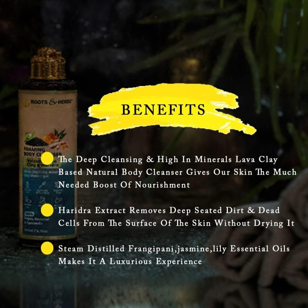 ROOTS & HERBS Ayurvedic Natural Treatment Foaming Body Cleanser (Volcanic Lava Clay & Haridra) Natural Ingredients 100% Vegan, No Parabens, Deep Cleansing, Exfoliation, and Nourishment 6.76Oz/(200 Ml) image number 1