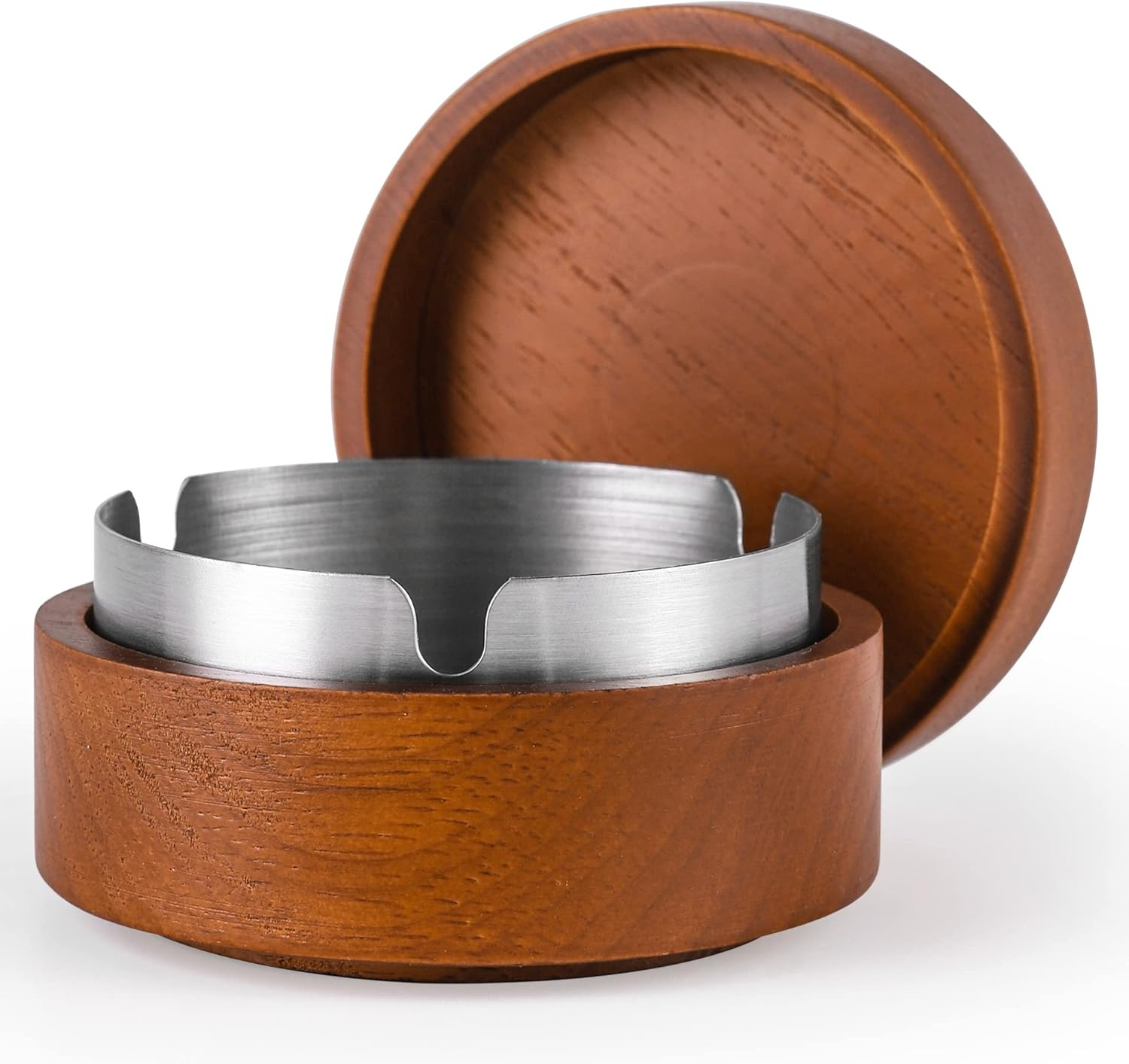 Wooden Ashtray with Lid for Smokers Stainless Steel Liner Ash Tray Windproof Durable Easy to Clean Cool Ashtrays for Indoor or Outdoor Use, Patio, Office & Home
