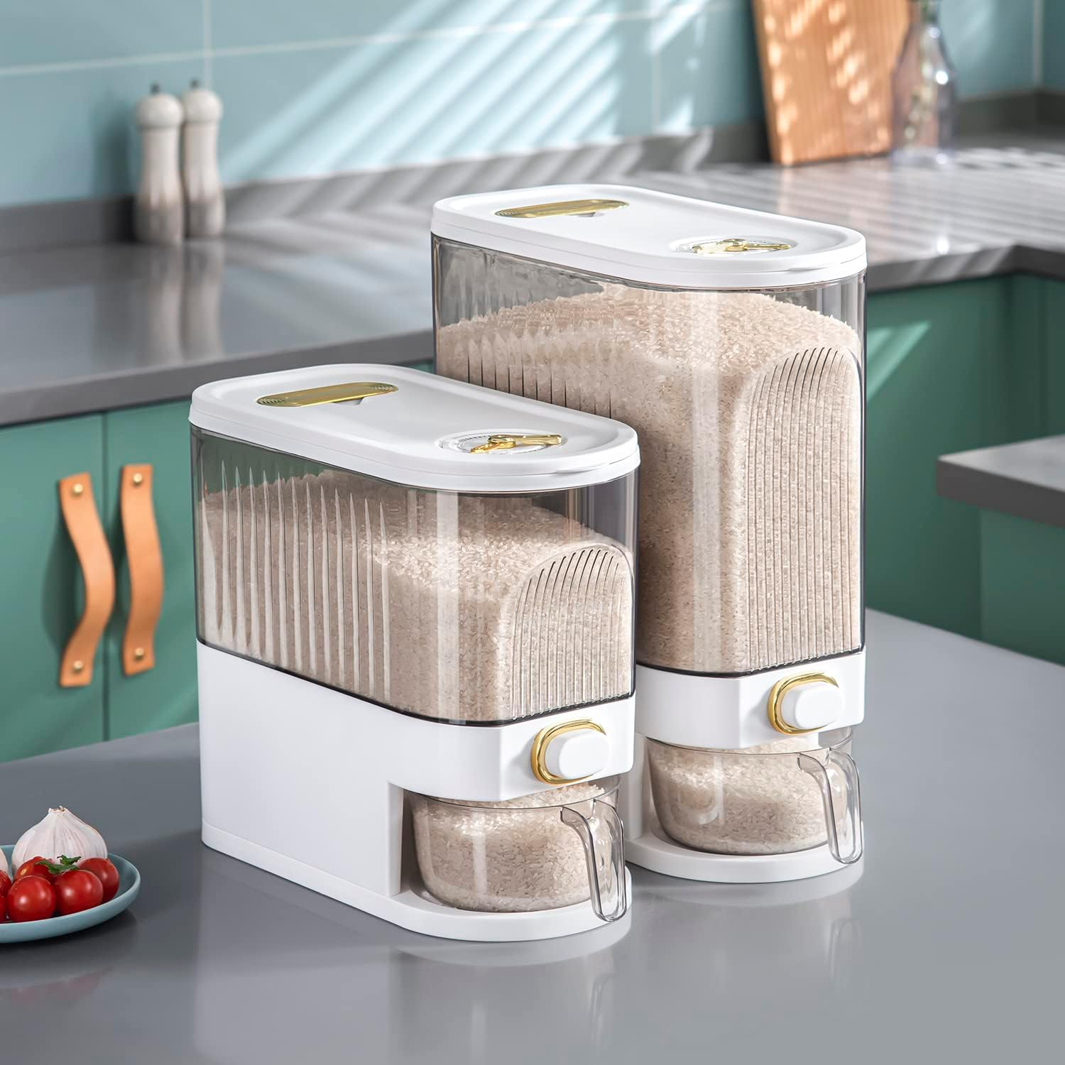 Sooyee 20Lbs Rice Dispenser, Large Grain Container Storage with Lid Measuring Cylinder Moisture Proof Household Cereal Dispenser Bucket for Kitchen Soybean Corn,Clear and White image number 3