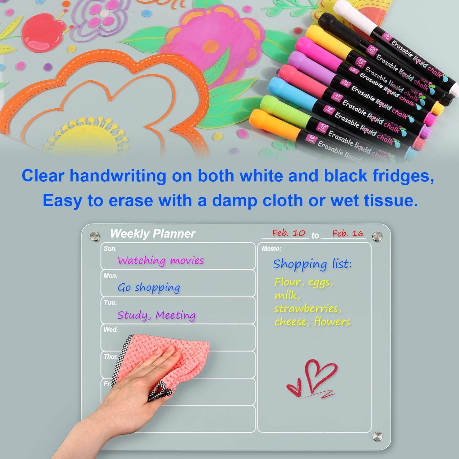 MIZEXE Liquid Chalk Markers for Acrylic Fridge Planner, Glass & Mirrors, Wet Erase Markers, 9 Vibrant Colors, 1Mm Fine Tip image number 2