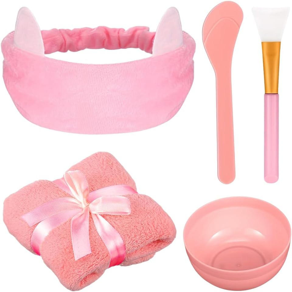 5 Pcs Facial Mask Mixing Bowl Set with Headband Bowl Face Towel Silicone Brush & Spatula, Facial Mixing Kit for Clay Mud Mask Application, DIY Skincare Home Spa Beauty Tools for Adults Women (Pink) image number 3
