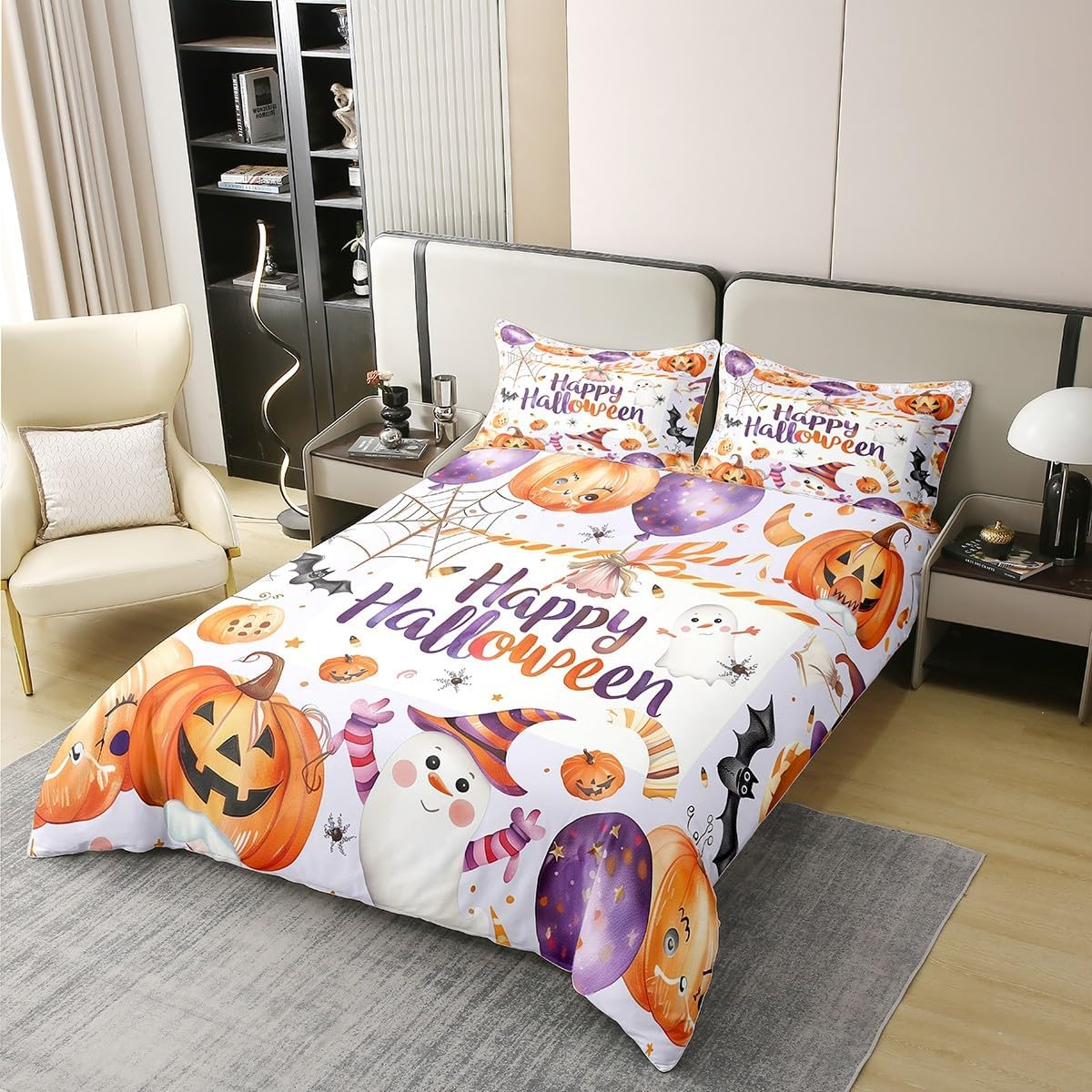 Manfei Happy Halloween Cotton Duvet Cover 3 Pcs King Size,Cute Ghost Pumpin Bat Spider Web Bedding Set for Kids Teens,Orange Purple Starry Balloons Halloween Comforter Cover(No Filler) image number 4