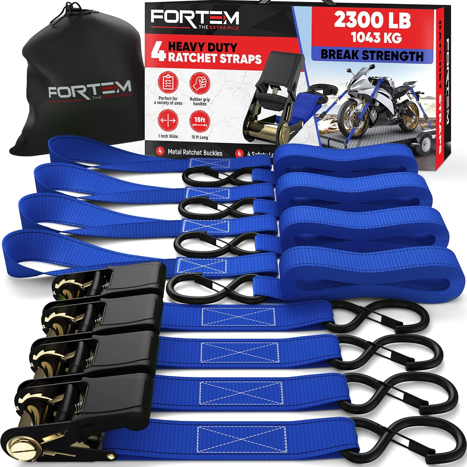 FORTEM Ratchet Straps, 2300Lb Break Strength, 4 15Ft Tie down Strap Set, 4 Soft Loops, Motorcycle Straps Tie Downs, Cargo Straps for Trucks, Rubber Handles, S-Clips, Coated Metal Hooks, (Black)