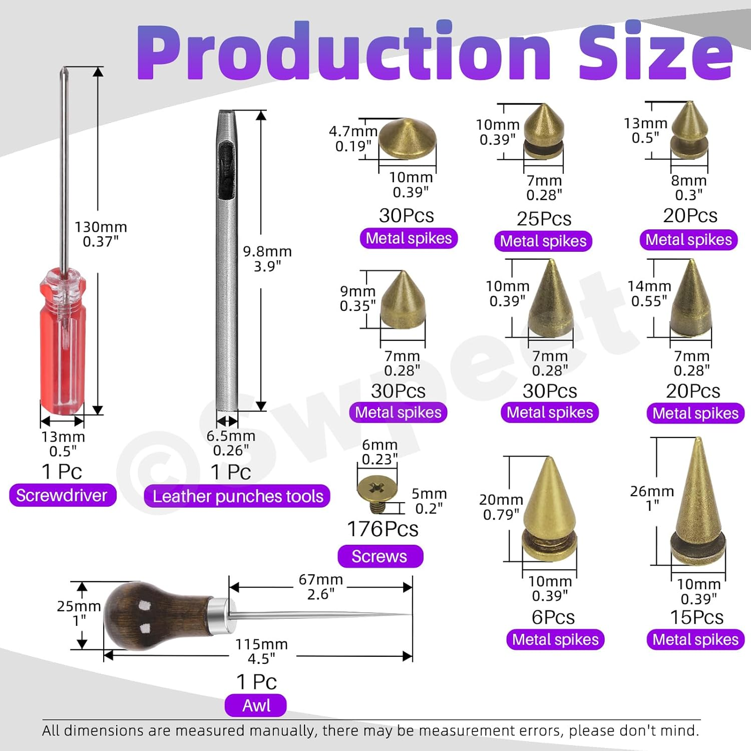 Swpeet 179 Sets 8 Sizes Bronze Cone Spikes with Scratch Awl Screwdriver Punch Assortment Kit, Punk Spikes and Studs Metal Tree Spikes Bullet Spikes Screwback Studs for Punk Clothing Craft DIY image number 4