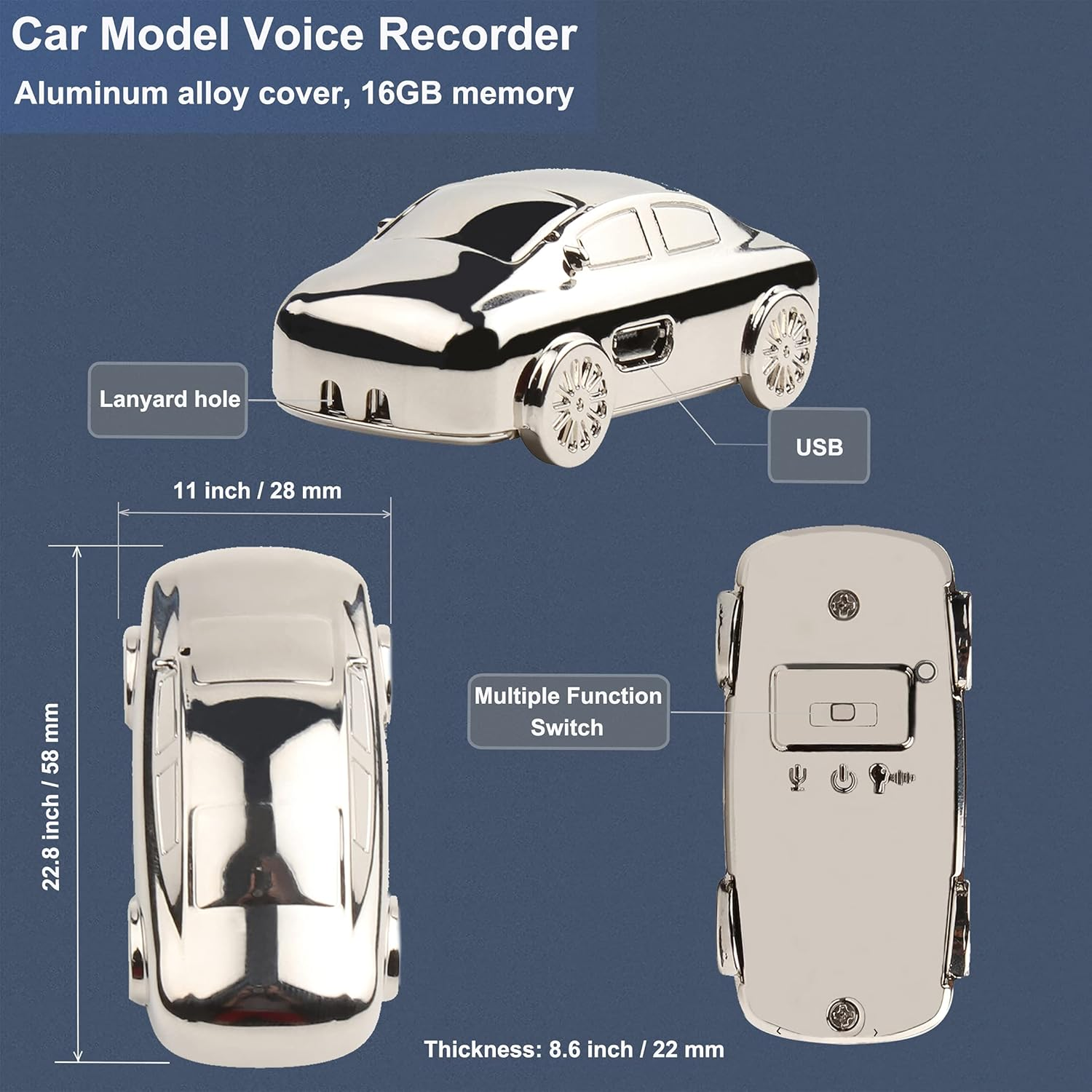 32GB Digital Voice Recorder - Voice Activated Portable Audio Recording Device for Office Use, Includes 3.5Mm Earphones for Playback, Stylish Car Model Design image number 3
