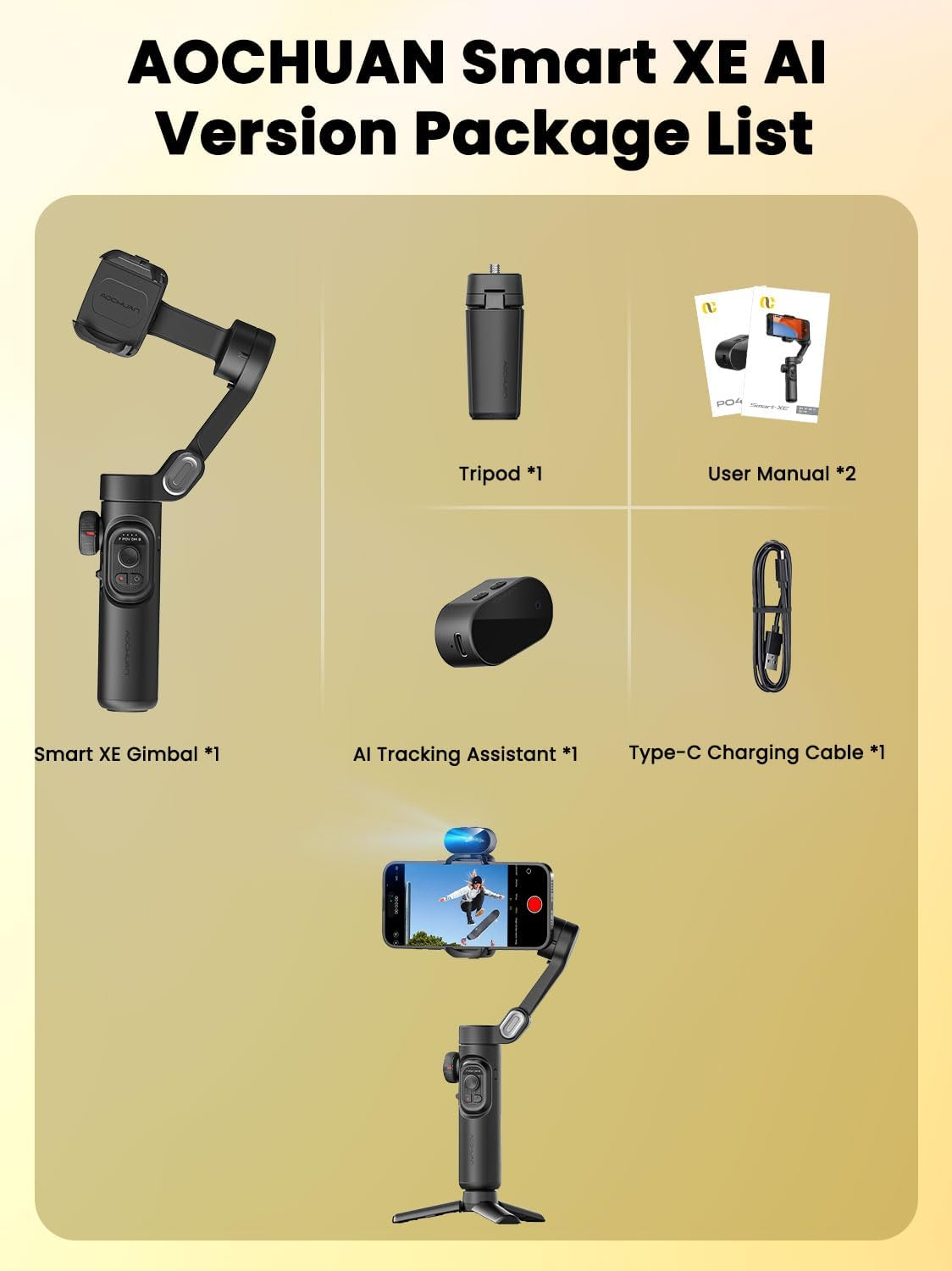 AOCHUAN XE AI Version, 3-Axis Foldable Smartphone Gimbal Stabilizer, AI Tracking, Gesture Control, Inception Mode, Compatible with Iphone & Android, Black image number 5