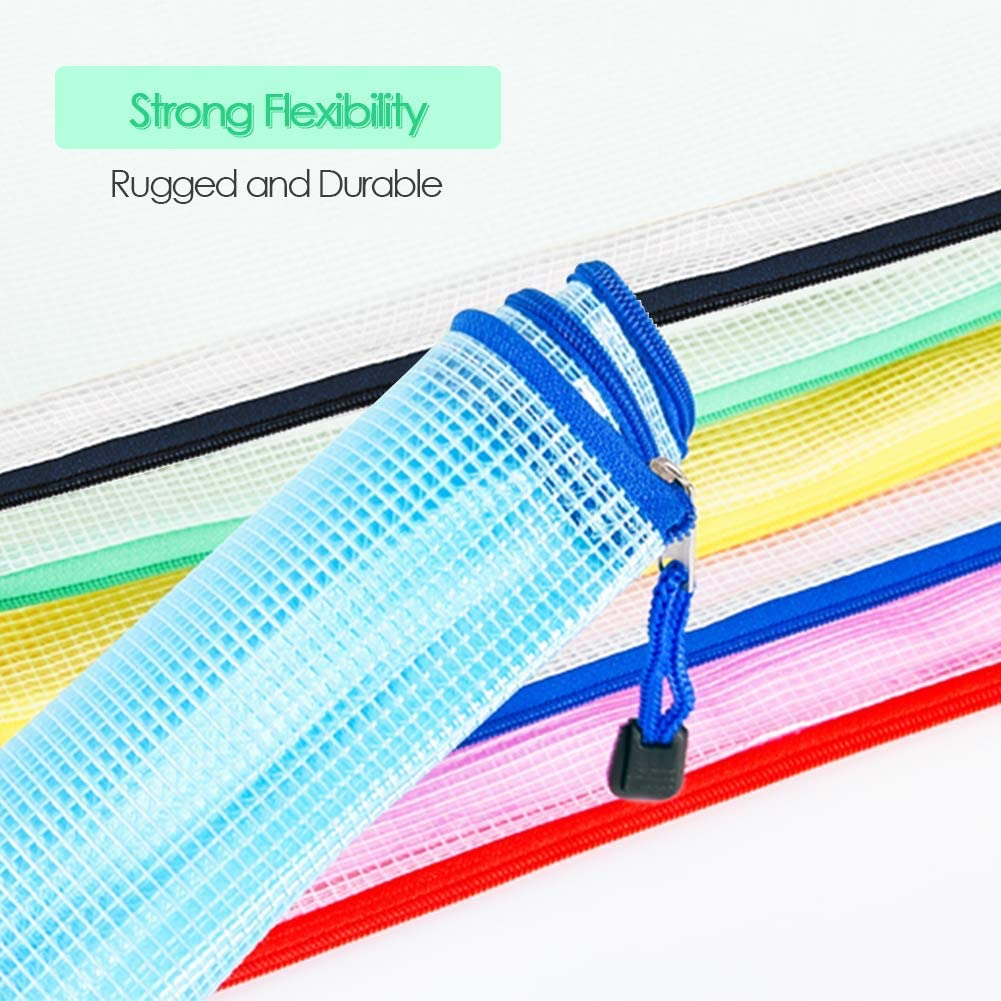 Zip File Folders, Pyhot 10Pcs A4 Size Mesh Document File Bags Storage Pouch with Zipper for Cosmetics Offices Supplies Travel Accessories, 5 Colors image number 3