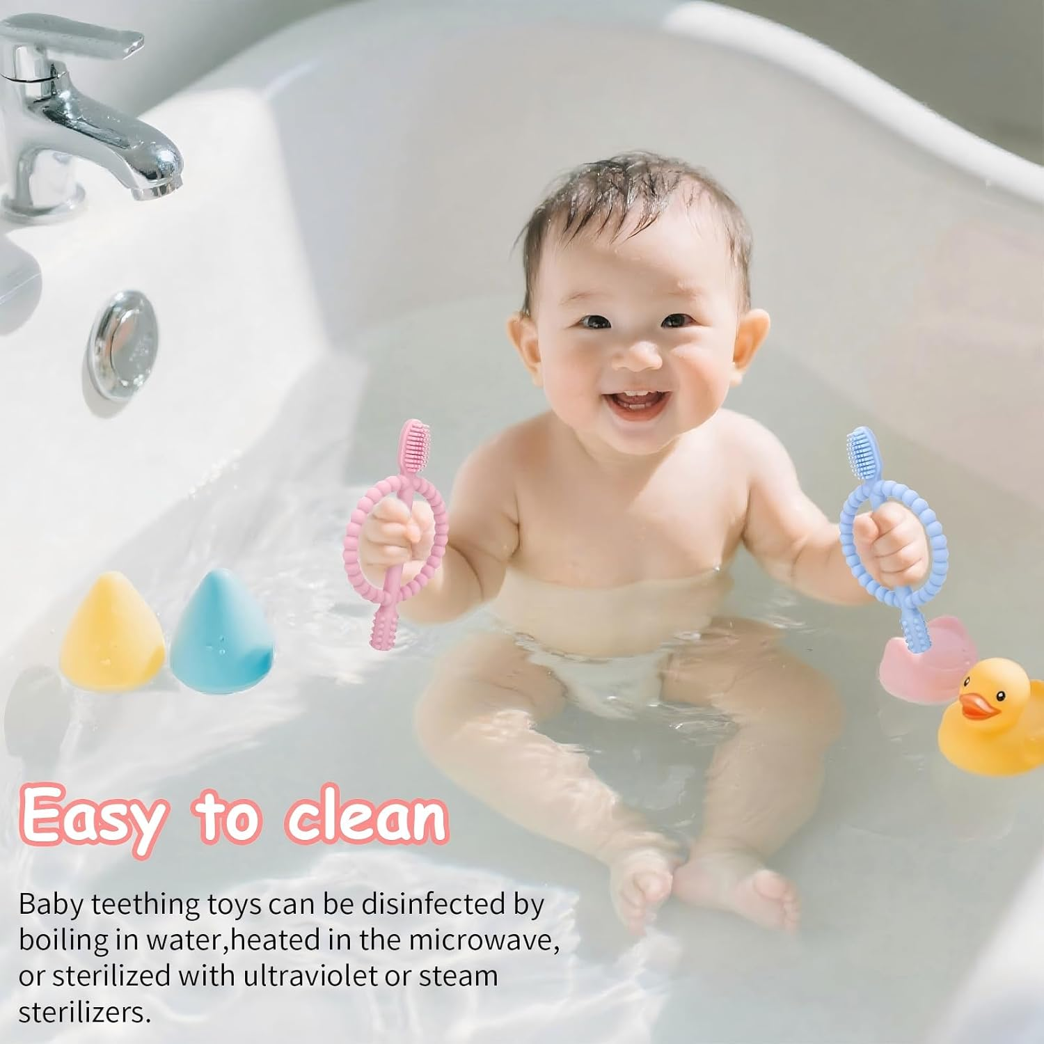 2 Pack Baby Teething Toys, Silicone Infant Toothbrush, Textured on Both Sides Helps Massage, Soothe Sore Gums, Baby Chew Toys for Sucking Needs, Teething Toys for Babies 6 + Months (Blue & Pink) - Green  Caramel image number 3