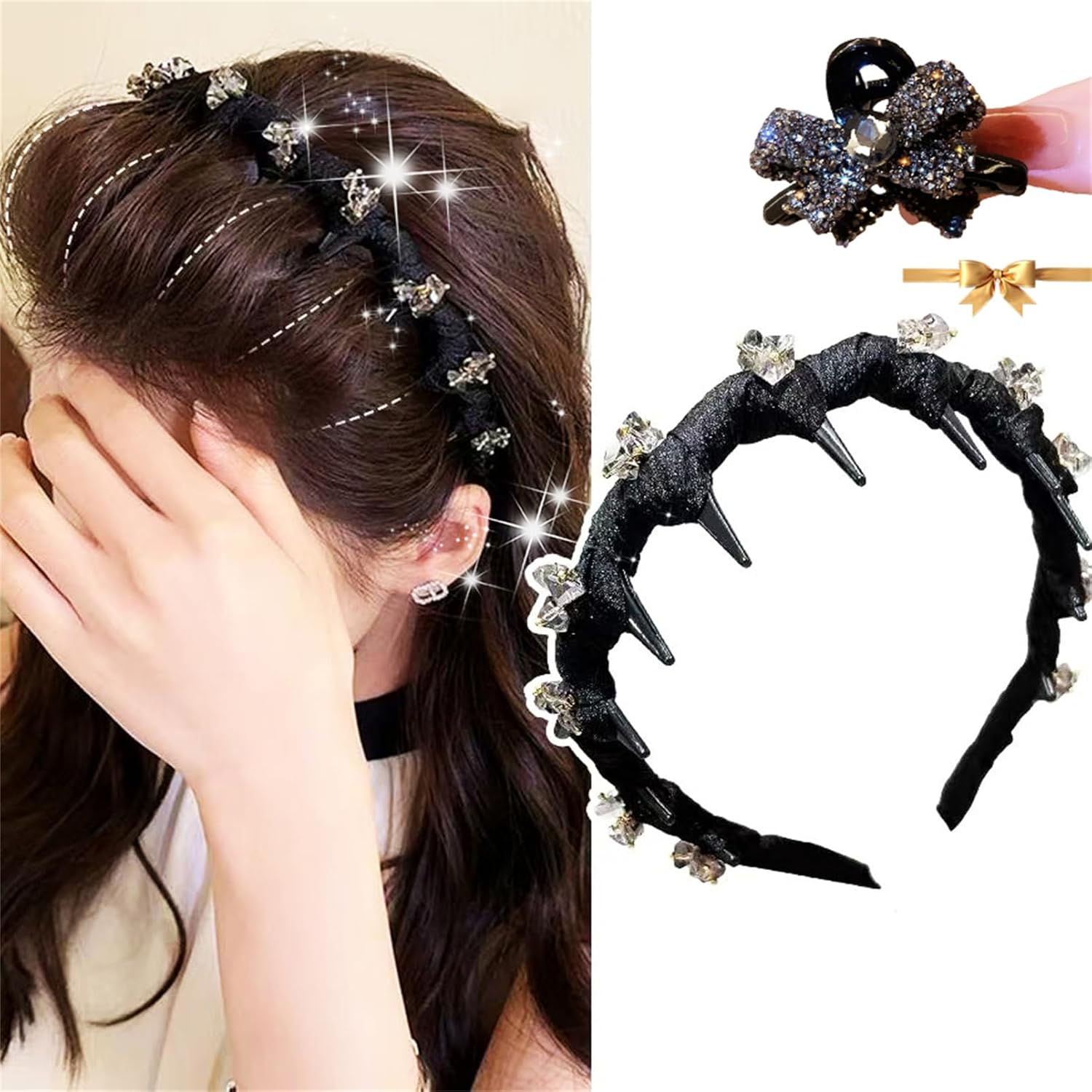 New Vintage High Cranium Artificial Pearl Hairband Elegant Braided Pearls Headbands with Teeth, Anti-Slip Decorative Hair Bands Fashion Hair Accessories for Women Rhinestone-Black image number 2