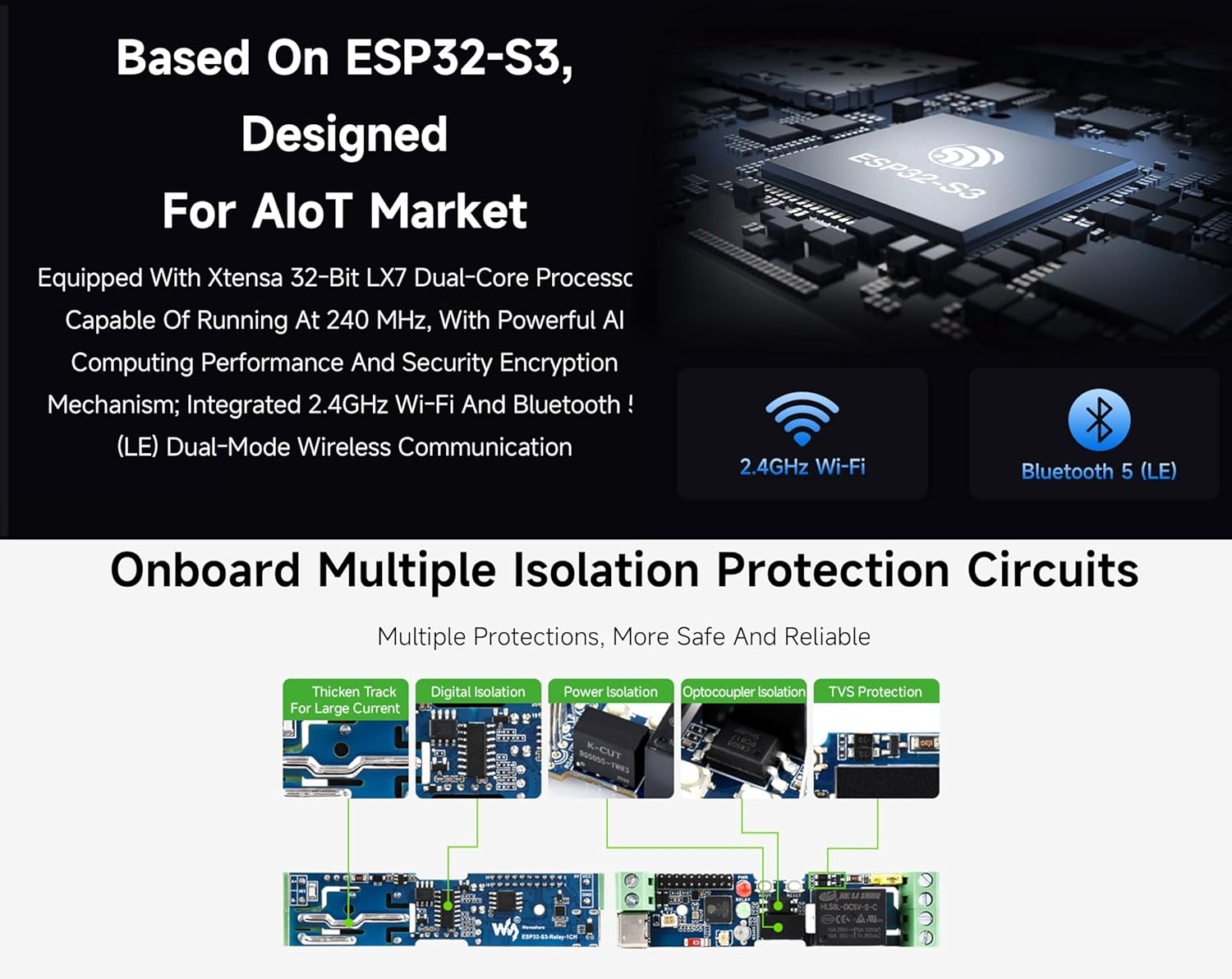 Industrial 1-Ch ESP32-S3 Wifi Relay Module, Support RS485 and Bluetooth/Wifi Remote Control, Better for RS485 Modbus Industrial Modules or Sensors, Built-In Protection Circuits, Safe & Stable