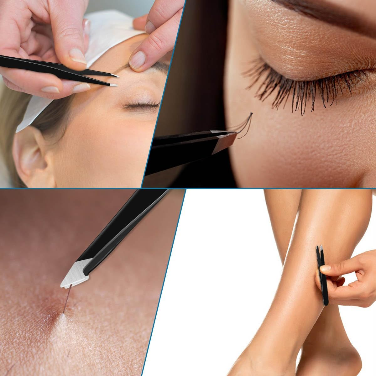 4 Pack Professional Eyebrow Tweezers Set - Stainless Steel Precision Tweezers for Facial Hair, Ingrown Hair & Splinter Removal (Black)