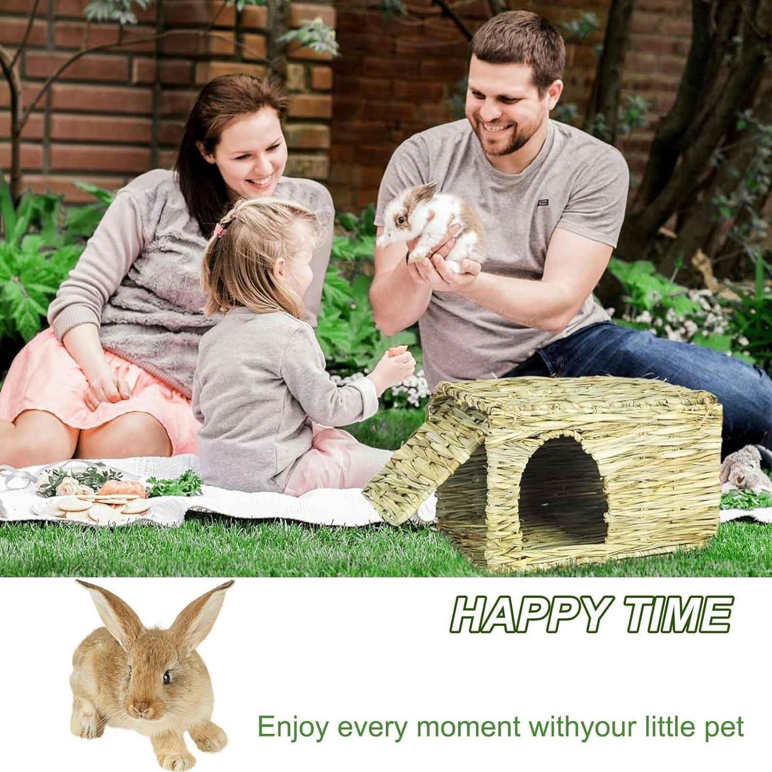 Rabbit Grass House,Natural and Comfortable Hiding Place,Rabbit Bed with Straw Mat,Carrot Chewing Toy,Apple Bark,Grass House for Rabbits,Guinea Pigs,Squirrels,Edible Rabbit Hideaway with Chewing Toys image number 1