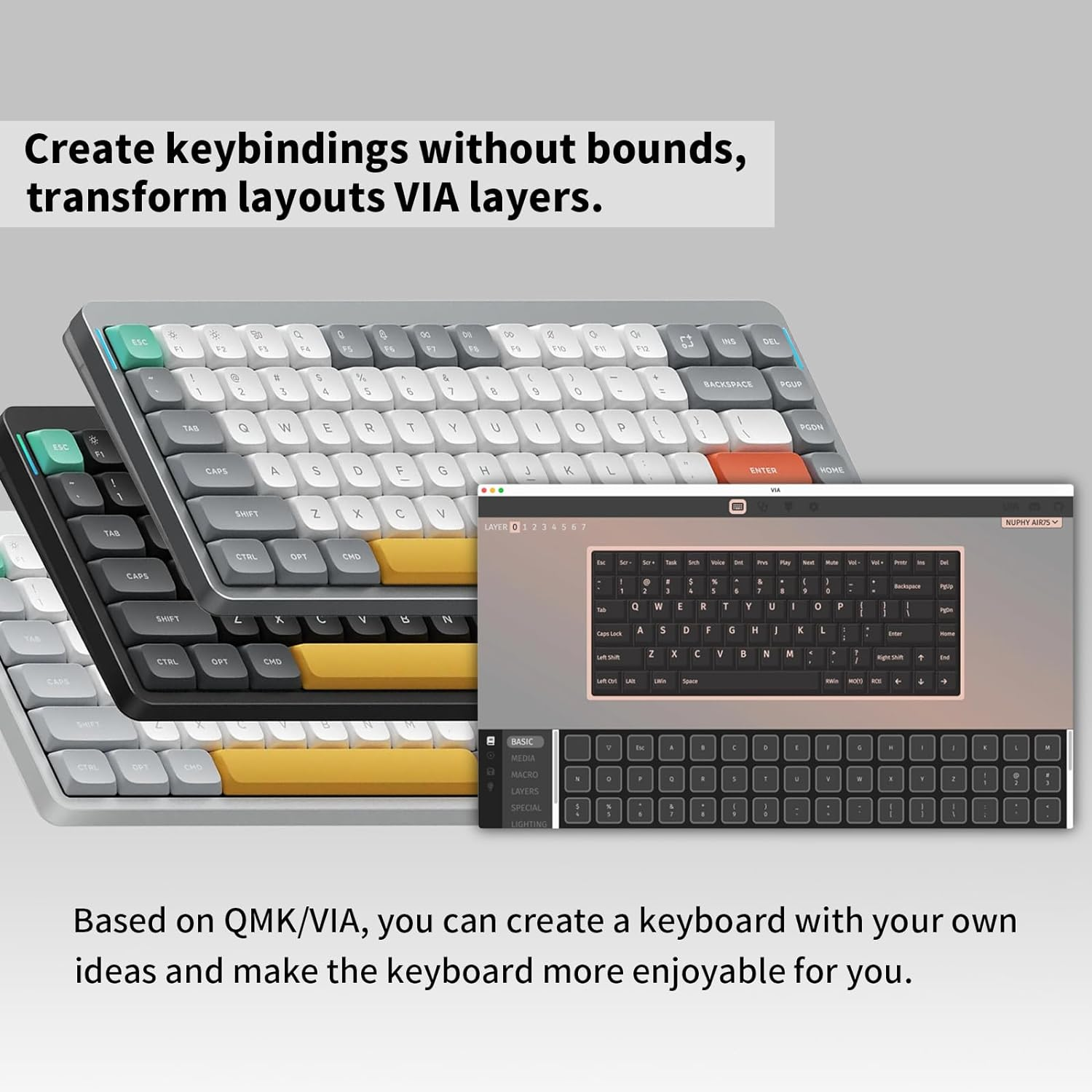 Nuphy Air75 V2 QMK/VIA Mechanical Keyboard, 75% Low Profile Wireless Keyboard, Bluetooth 5.1, 2.4Ghz and Wired Connection, Compatible with Windows and Mac Systems - Ionic White Switch Brown image number 4