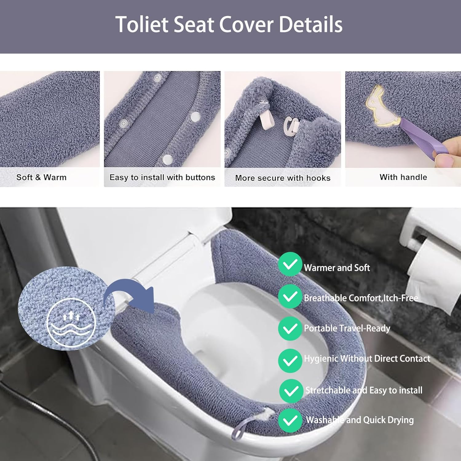 Toilet Seat Covers-3 Pieces Warmer Toilet Seat Cover with Snap-Button Fastening,Stretchable Fits for All Shape Toilet Seats,Easy Installation Washable and Reusable image number 2