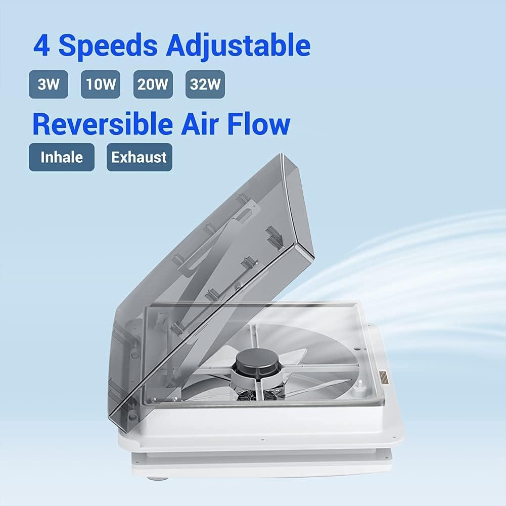 Large Air Flow RV Roof Vent Fan with Brushless DC Motor, Ultra Low-Noise Low-Power Energy-Saving Reversible Exhaust Fan for Motorhome Ventilation, with Remote and Intelligent Rain Sensor