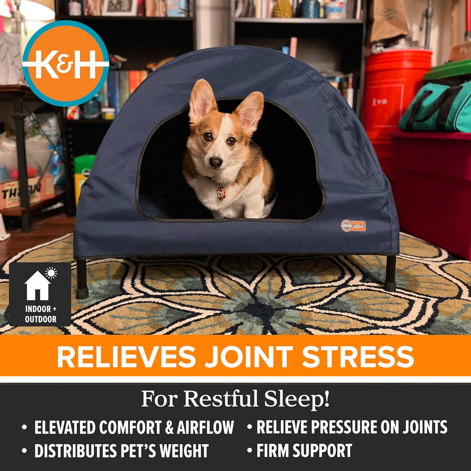 K&H Pet Products Original Pet Cot Tent, Portable Dog House, Dog Shade & Weather Shelter, Elevated Cot Dog Bed, Navy Blue, Medium 25 X 32 X 28 Inches image number 4