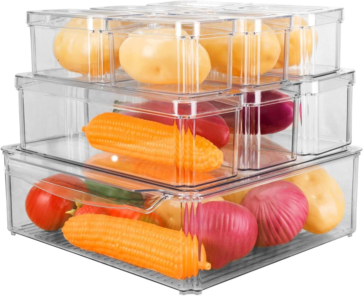 Gominimo 10 Pack Clear Stackable Fridge Organiser Bins with Lids, Anti-Slip Design, Versatile Sizing, Moisture-Resistant with Lids, Keep Food Fresh and Tidy, Transparent image number 3