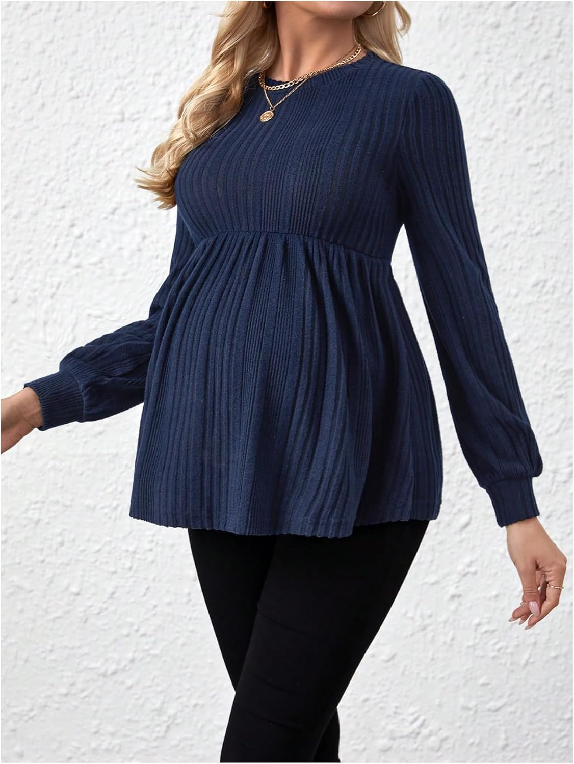 MAKEMECHIC Women'S Maternity Tee Shirt Crew Neck Rib Knitted Long Sleeve Peplum Tops image number 4