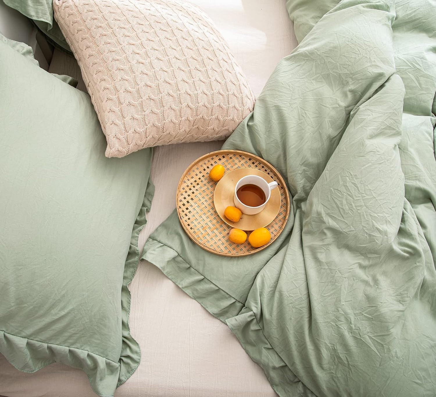 Merryword Shabby Ruffle Style Duvet Cover Queen Size Cute Sage Green Ruffled Bedding Set Soft Comfy Duvet Cover Set French Countryside Vintage Bedding (Queen, Sea Green) image number 4