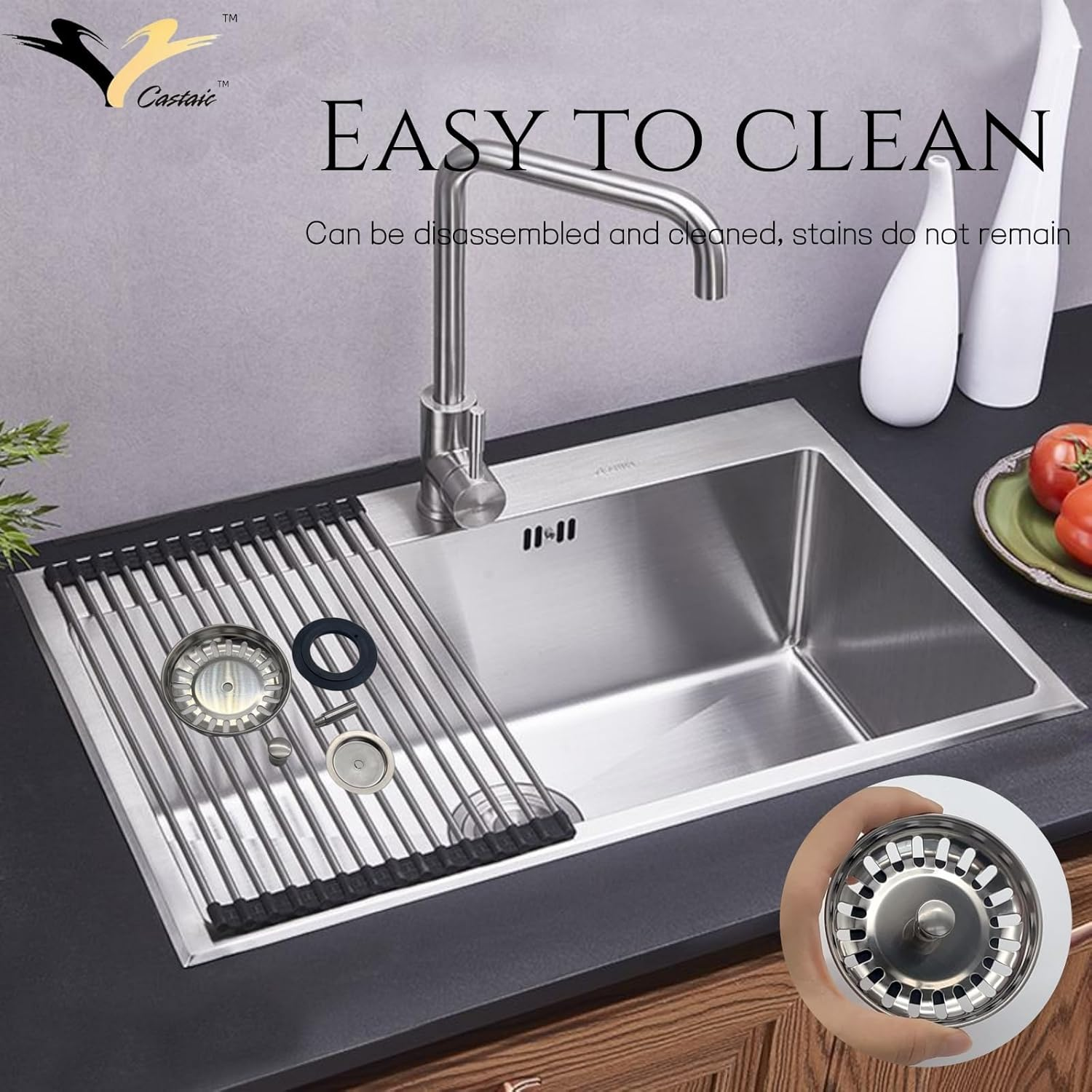 Castaic 2 Pcs Kitchen Sink Strainer Plug,Stainless Steel Kitchen Sink Stopper,Waste Plug Drain Stopper Basket Filte,Hole Diameter: 78Mm (Silver-2 Pack) image number 1