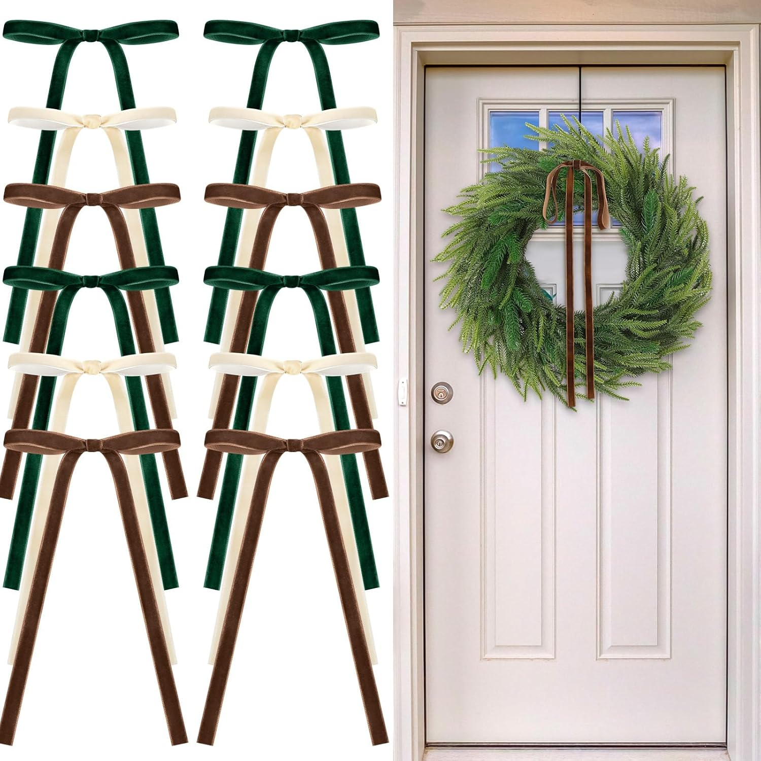 Brown,Dark Green,Beige 24 Pcs Velvet Bows Christmas Tree Ornaments Valentines Day Bows Decoration for Garland Home Coquette Wedding Decor (9 X 13 Inch,Width of 3/8")