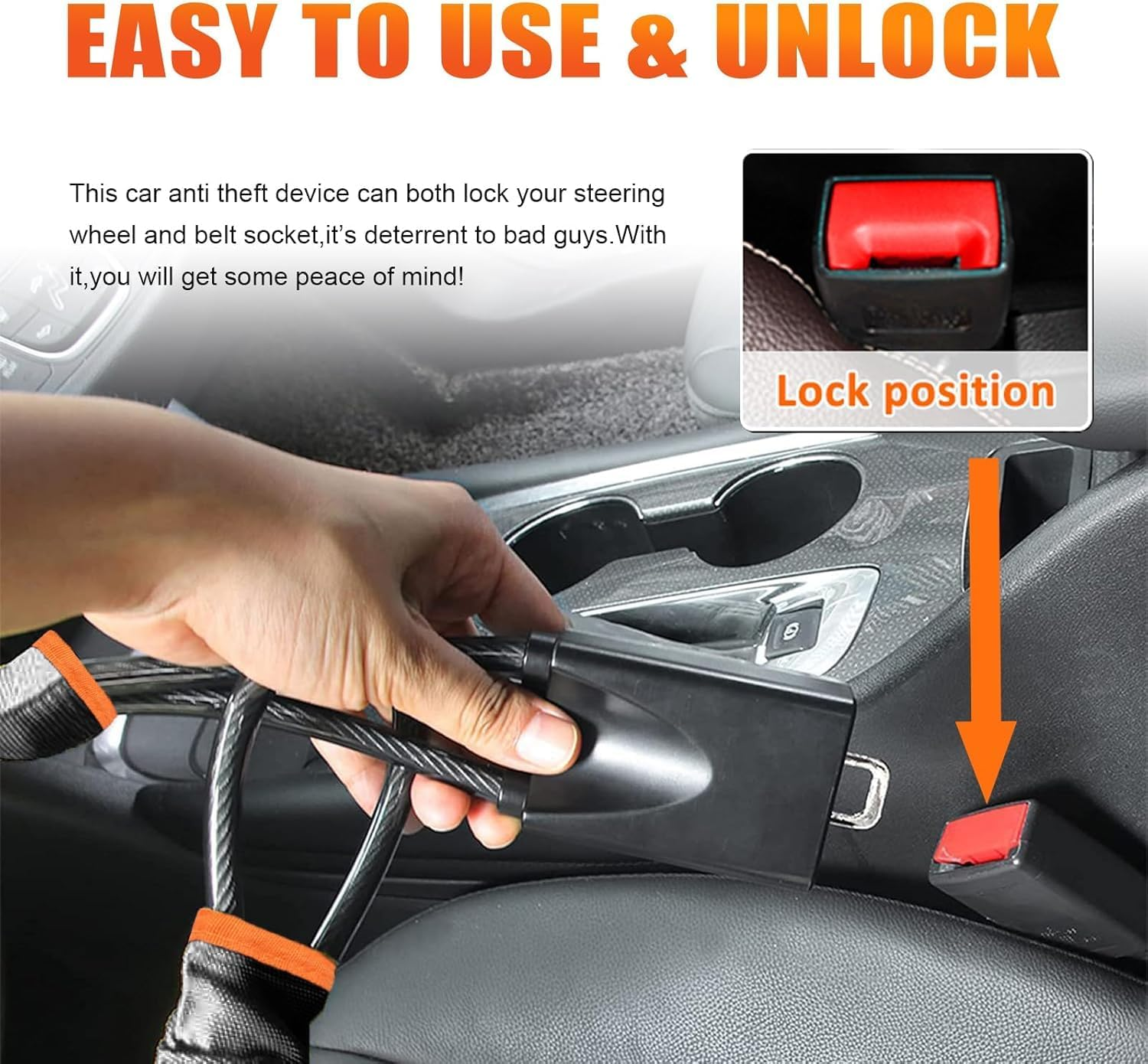 Car Steering Wheel Lock, Seat Belt Lock, Anti-Theft Device, Max 17 Inch Length, Small and Light-Weight, Multi-Functional, Fit Most Vehicle, SUV, Golf Cart Security (Black)