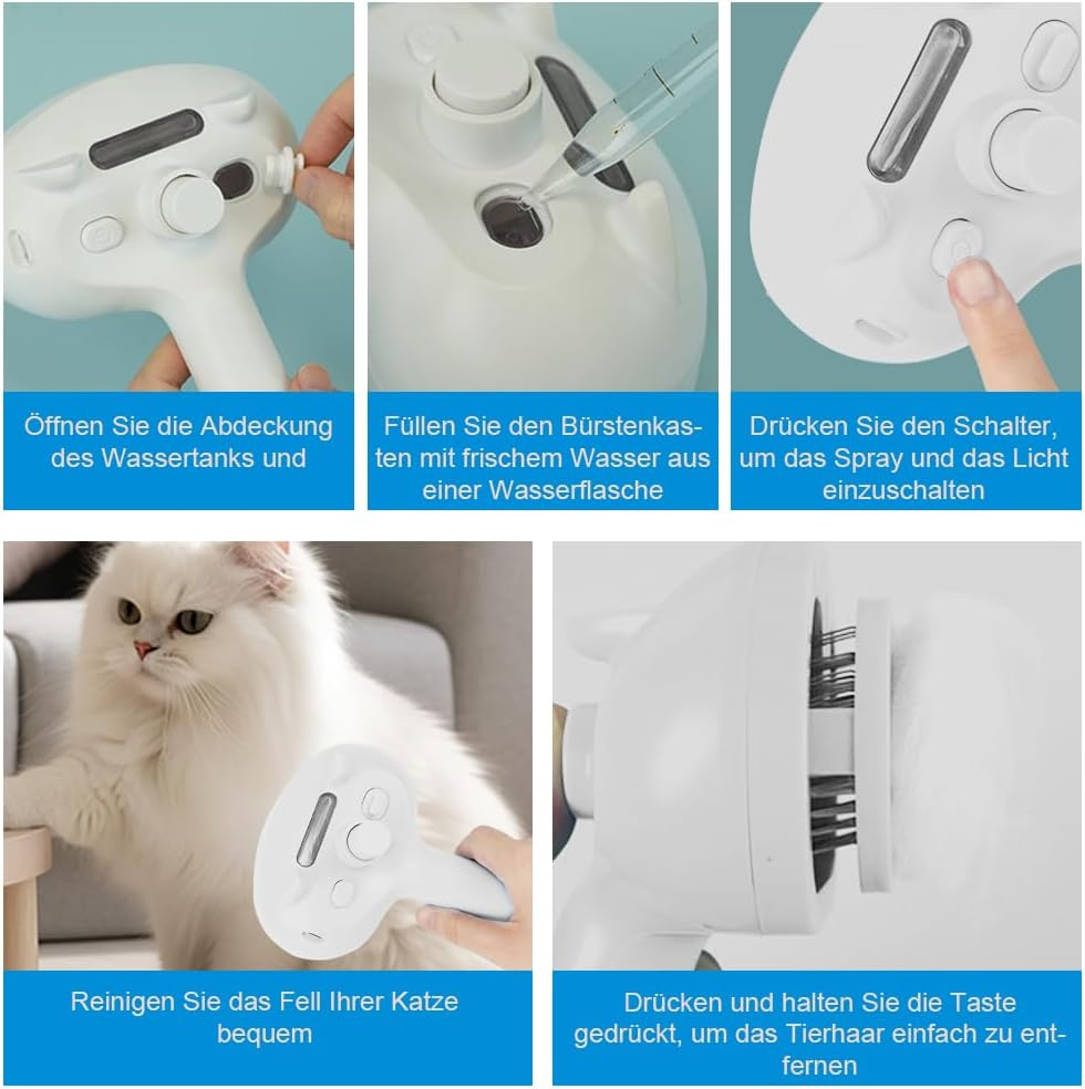 CEWROM Cat Brush with Steam, 3-In-1 Steam Brush Cat, Antistatic Knot-Resistant Hair Removal, Pet Brush, Self-Cleaning One Button with Water Tank, Cat Care Brush for Long Hair, Short Hair, White image number 3