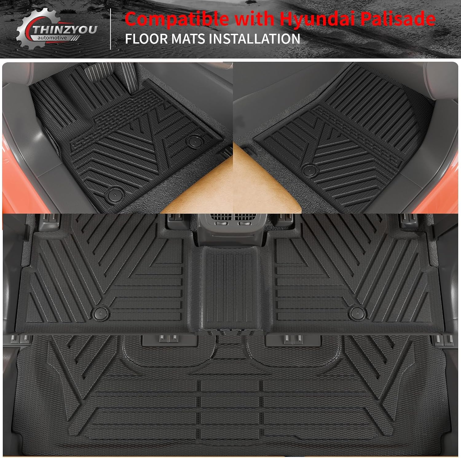 Floor Mats Compatible with 2020-2025 Hyundai Palisade Trunk Mat Cargo Liner TPE Back Seat Cover Protector 2024 Palisade 7 & 8 Seats Accessories (Trunk Mat with Backrest Mats+Floor Mats) image number 1