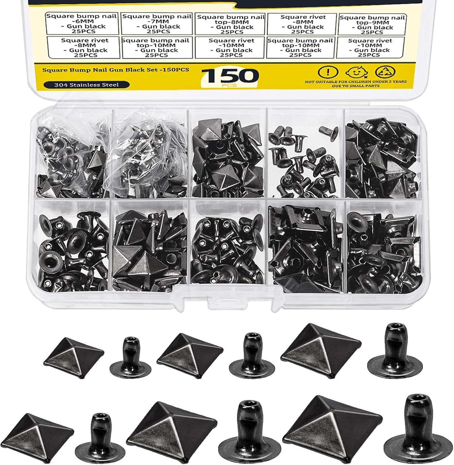 Mardatt 150Pcs 6 Sizes Gold Spike Rivet Pyramid Rapid Rivet Studs, 6Mm 7Mm 8Mm 9Mm 10Mm 12Mm Square Punk Spikes Pyramid Rapid Rivet Studs Nail Heads for DIY Leather Craft Decoration(Gold）